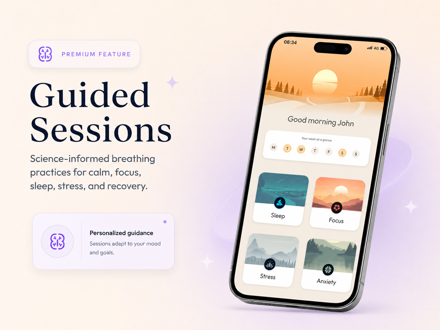 BreathState guided breathing sessions for sleep, focus, stress, and anxiety