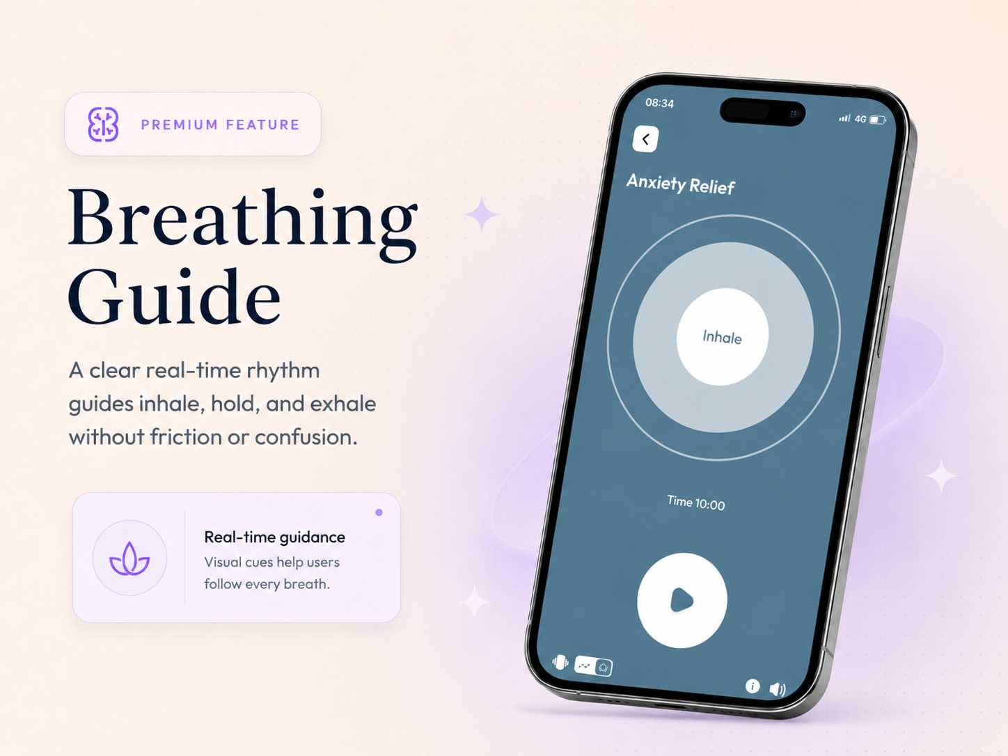 BreathState breathing guide screen with inhale rhythm and session timer