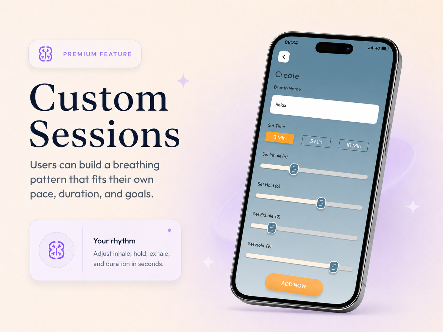 BreathState custom breathing session builder with inhale, hold, exhale, and duration controls
